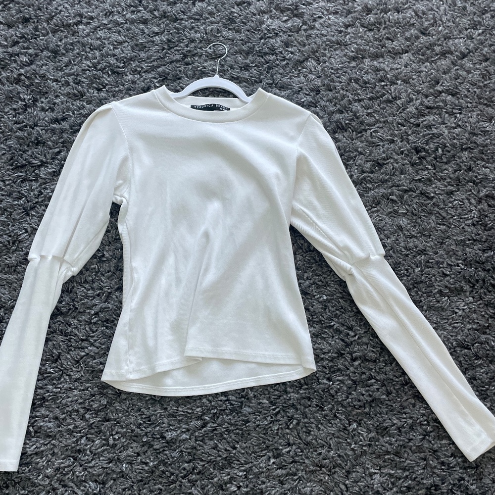 Veronica Beard Size S Lyon Puff Sleeve Ribbed Knit Top Pima Cotton Blend White